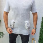 Tricou barbati slim fit lung, asimetric, alb cu buzunare Street Style   cod: TR55