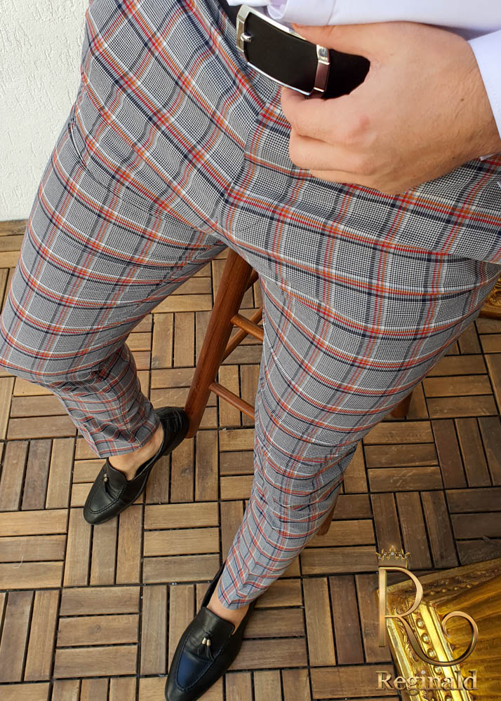 Pantaloni eleganți de bărbați, Slim Fit, Gri in carouri - PN401 - imagine 2