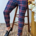 Men's smart trousers, Slim Fit, Navy blue with red check - PN421