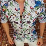 Cămașă de bărbați, Slim Fit, guler tunica, înflorată - CM312