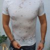 Tricou barbati slim fit alb cu rupturi  - TR97