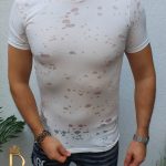 Men's white slim fit t-shirt with rips - TR97
