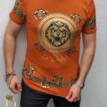 Men's orange slim fit t-shirt with gold print and rhinestones - TR179