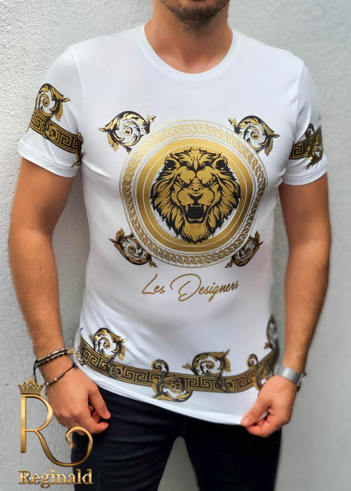 Tricou de barbati slim fit alb cu imprimeu auriu si strasuri - TR178