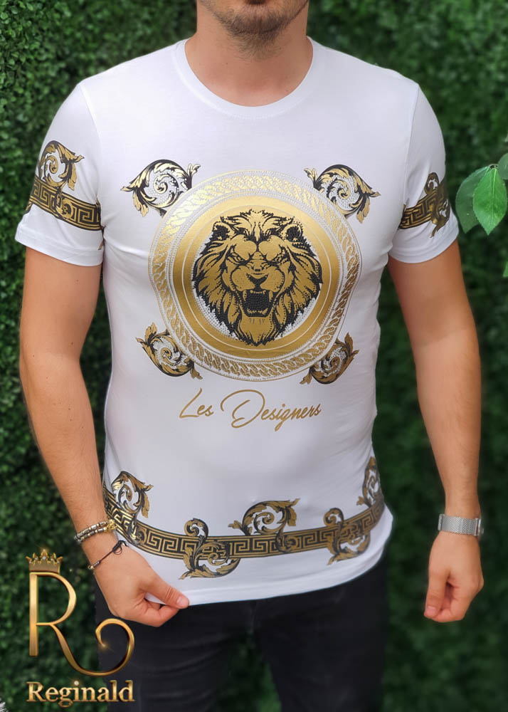 Tricou de barbati slim fit alb cu imprimeu auriu si strasuri - TR178 - imagine 2