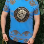 Tricou de barbati slim fit albastru imprimeu auriu Le Designers - TR164