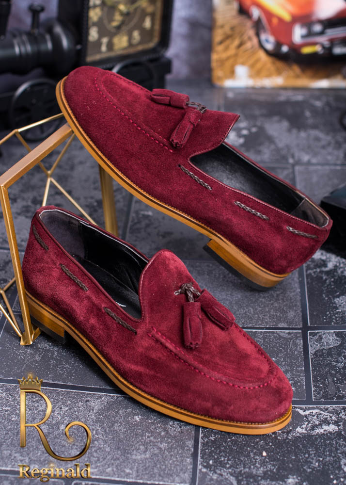 Pantofi Loafers/Mocasini de barbati din piele naturala intoarsa 100% visinii - P1218