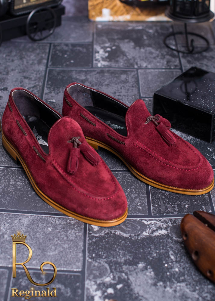 Pantofi Loafers/Mocasini de barbati din piele naturala intoarsa 100% visinii - P1218 - imagine 2