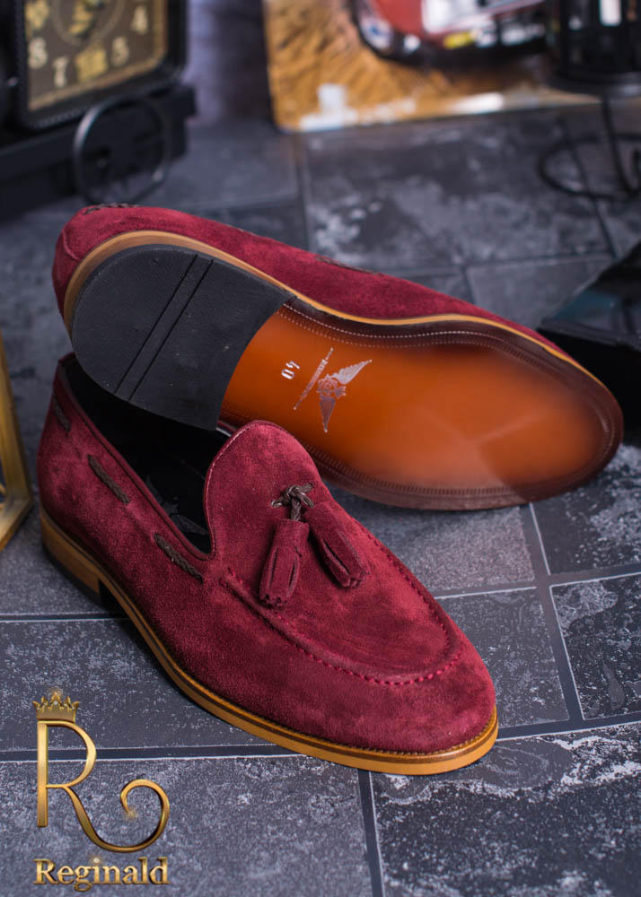 Pantofi Loafers/Mocasini de barbati din piele naturala intoarsa 100% visinii - P1218 - imagine 3