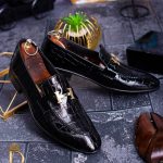 Pantofi Mocasini / Loafers, Croc texture, piele neagra lacuiti - P1221
