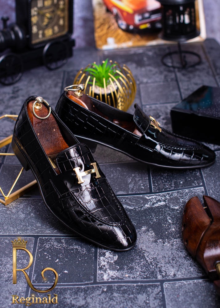 Pantofi Mocasini / Loafers, Croc texture, piele neagra lacuiti - P1221