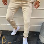 Men's cream drawstring tapered joggers - PNT187