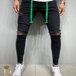 Vaqueros para hombre Premium, negros con cordón y rayas verdes, de corte cónico y elásticos - BG717