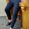 Pantaloni eleganti, de barbati, bleumarin in dungi - PN450