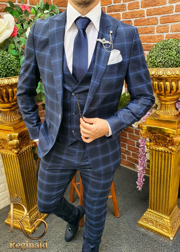 Costum de barbati, Slim Fit, bleumarin in carouri, Sacou, Vesta si Pantalon - C1615 - imagine 2