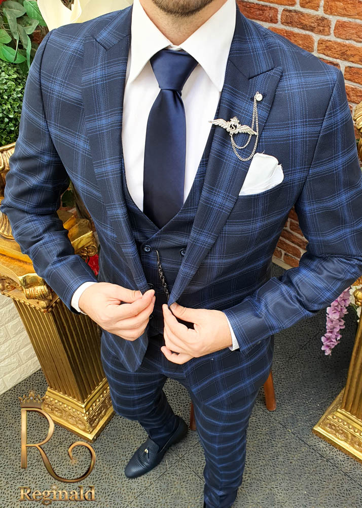 Costum de barbati, Slim Fit, bleumarin in carouri, Sacou, Vesta si Pantalon - C1615 - imagine 3