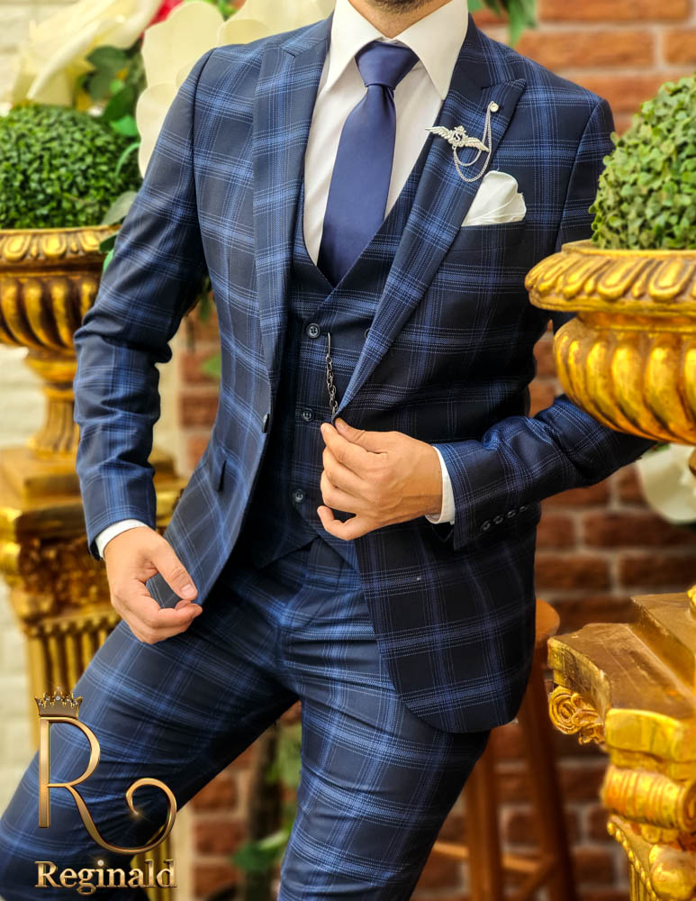 Costum de barbati, Slim Fit, bleumarin in carouri, Sacou, Vesta si Pantalon - C1615 - imagine 4
