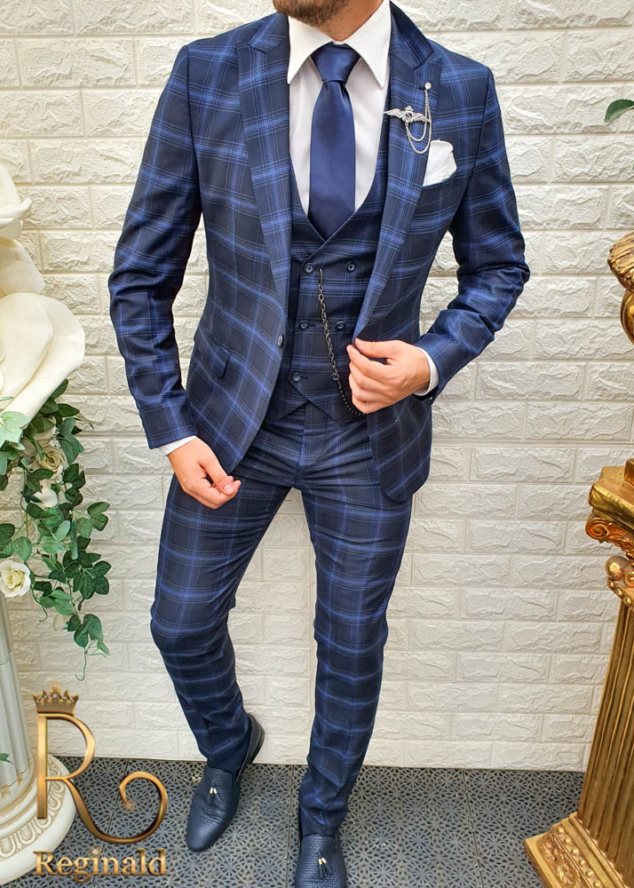 Costum de barbati, Slim Fit, bleumarin in carouri, Sacou, Vesta si Pantalon - C1615