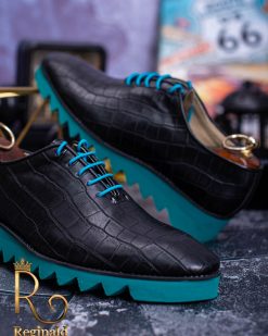 Pantofi Sport din piele naturala cu talpa inalta turcoaz cu siret negru - P1225 - imagine 2