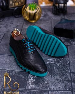 Pantofi Sport din piele naturala cu talpa inalta turcoaz cu siret negru - P1225 - imagine 4