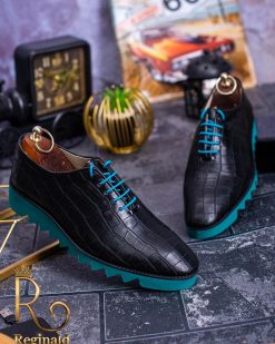 Pantofi Sport din piele naturala cu talpa inalta turcoaz cu siret negru - P1225 - imagine 3