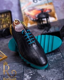 Pantofi Sport din piele naturala cu talpa inalta turcoaz cu siret negru - P1225 - imagine 5