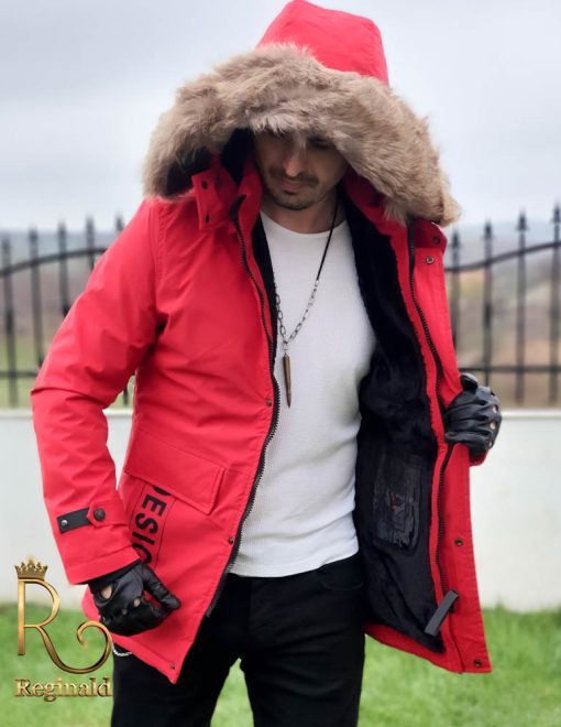 Pelsjakke til mænd, rød, med pels hætten 2021 kollektion -