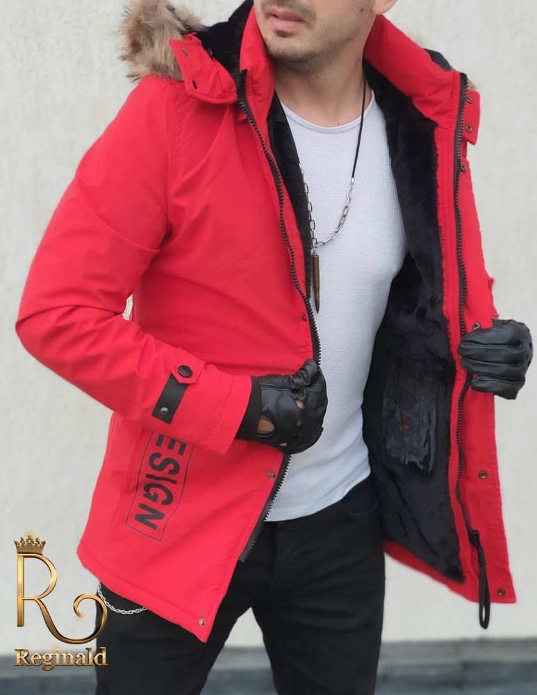 Pelsjakke til mænd, rød, med pels hætten 2021 kollektion -