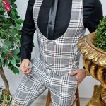Conjunto de hombre, chaleco y pantalón, corte ajustado, gris a cuadros - CU157