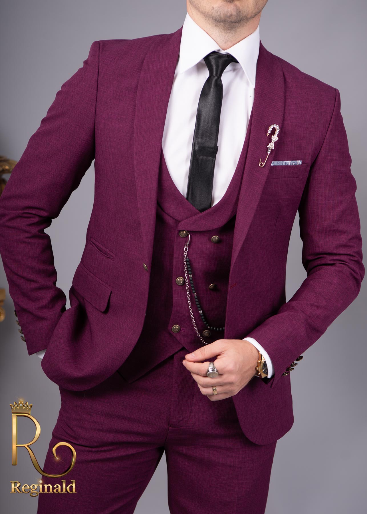 Costum de barbati, Slim Fit, Dark ciclam, Sacou, Vesta si Pantalon, Colectia 2021 - C1712 - imagine 6