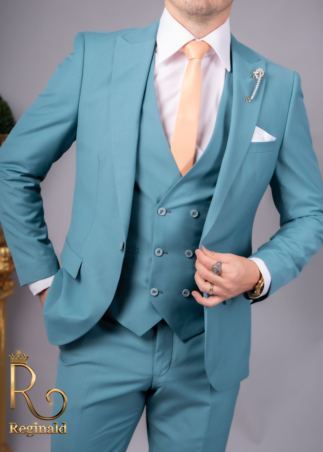 Costum de barbati cyan , slim-fit : sacou vesta pantalon Colectia 2021 - C1702 - imagine 2