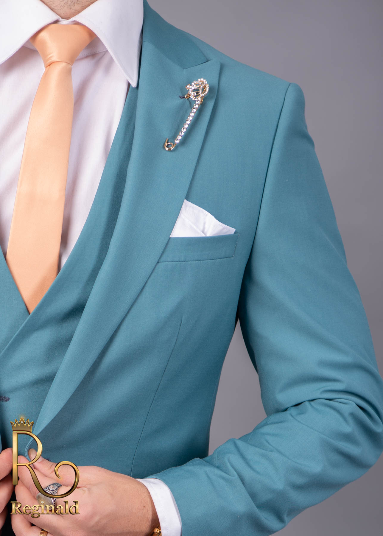 Costum de barbati cyan , slim-fit : sacou vesta pantalon Colectia 2021 - C1702 - imagine 8