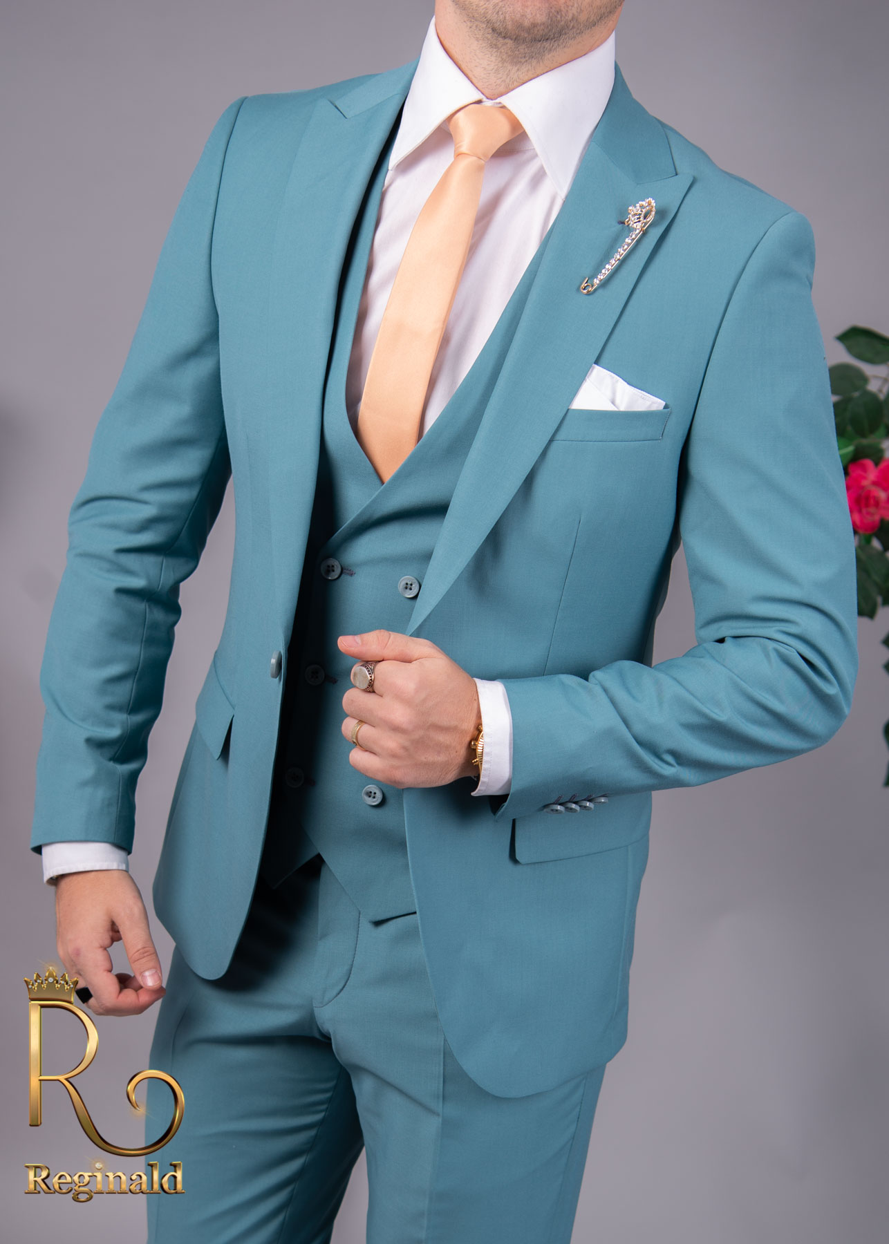 Costum de barbati cyan , slim-fit : sacou vesta pantalon Colectia 2021 - C1702 - imagine 6