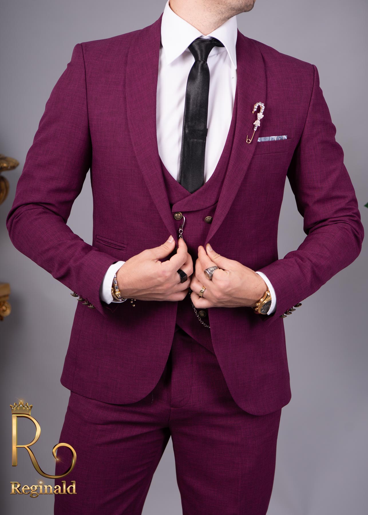 Costum de barbati, Slim Fit, Dark ciclam, Sacou, Vesta si Pantalon, Colectia 2021 - C1712 - imagine 2