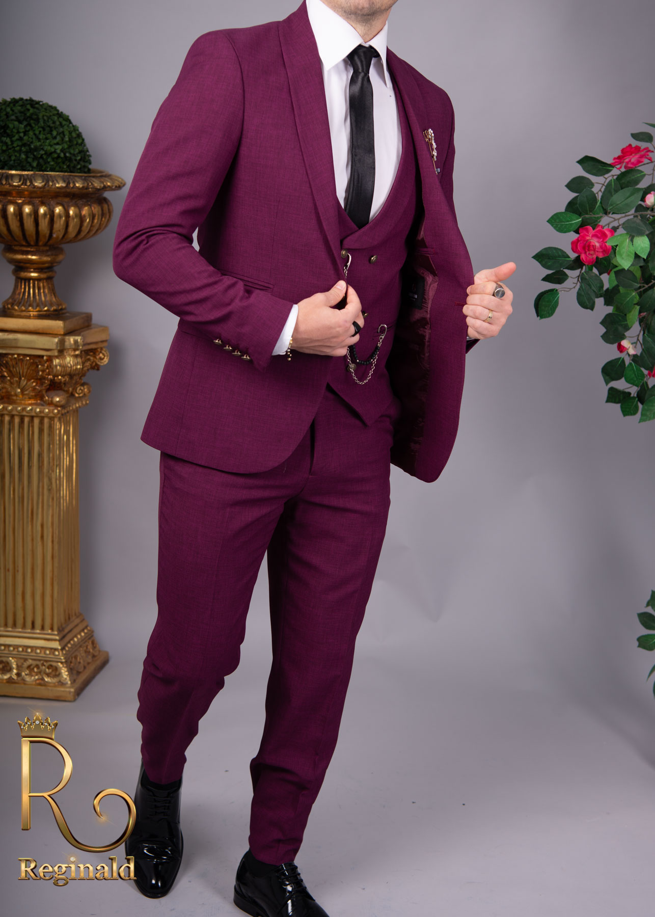 Costum de barbati, Slim Fit, Dark ciclam, Sacou, Vesta si Pantalon, Colectia 2021 - C1712 - imagine 5