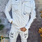 Bluza + pantaloni albi, de bărbați, cu buzunare frontale, Croiala Slim Fit - GB123