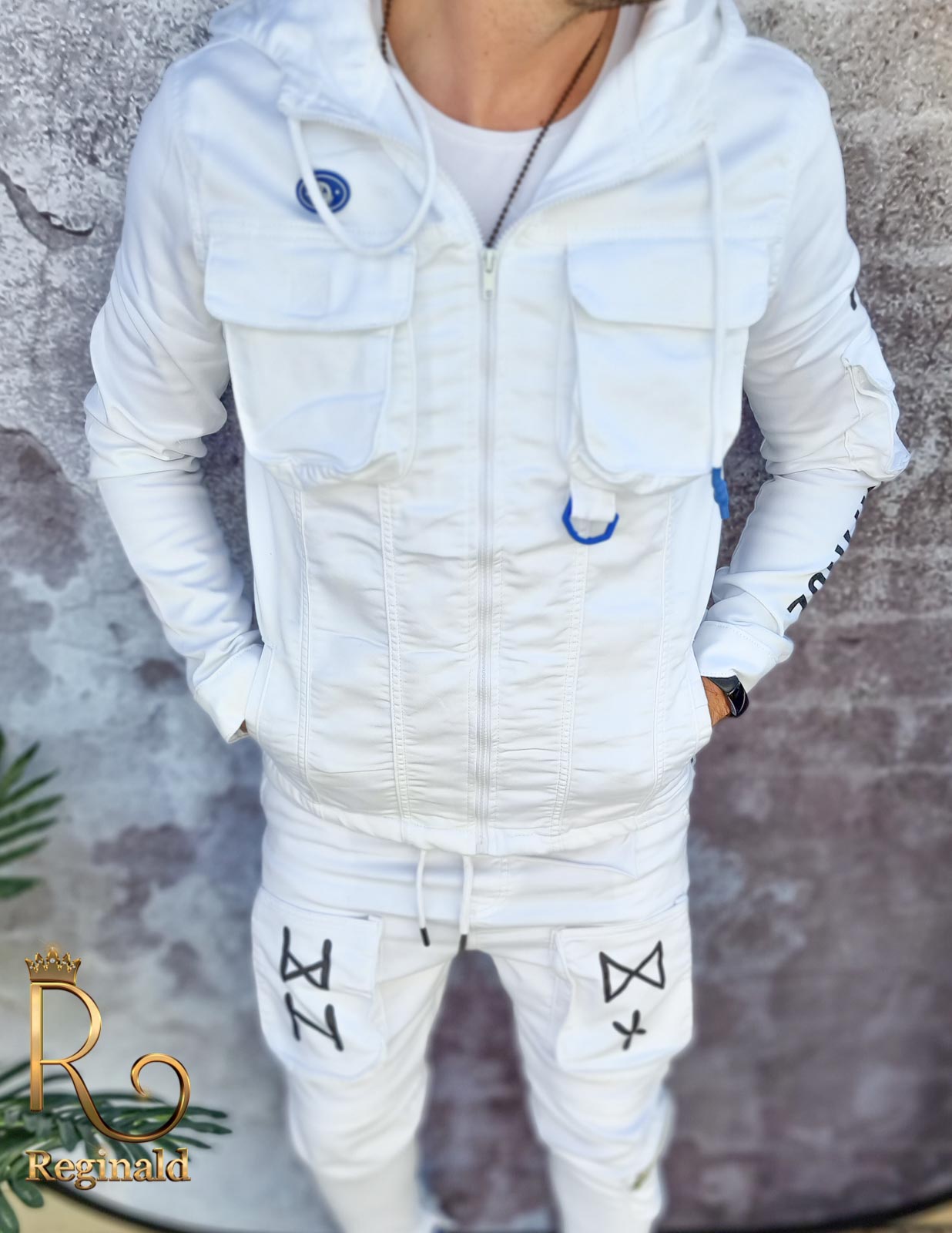 Bluza + pantaloni albi, de bărbați, cu buzunare frontale, Croiala Slim Fit - GB123