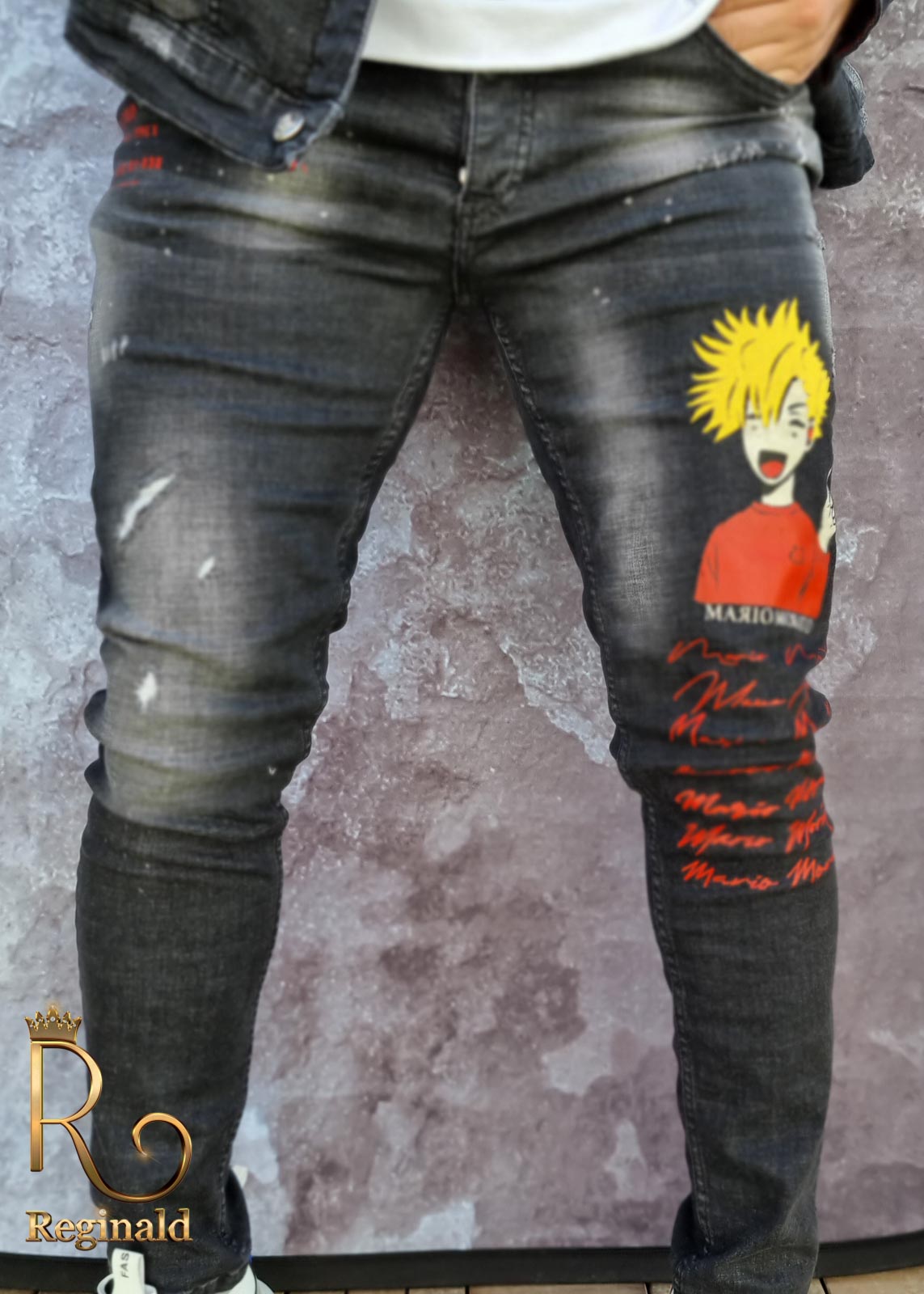 Blugi de bărbați, Slim Fit, Negri cu imprimeuri - BG865