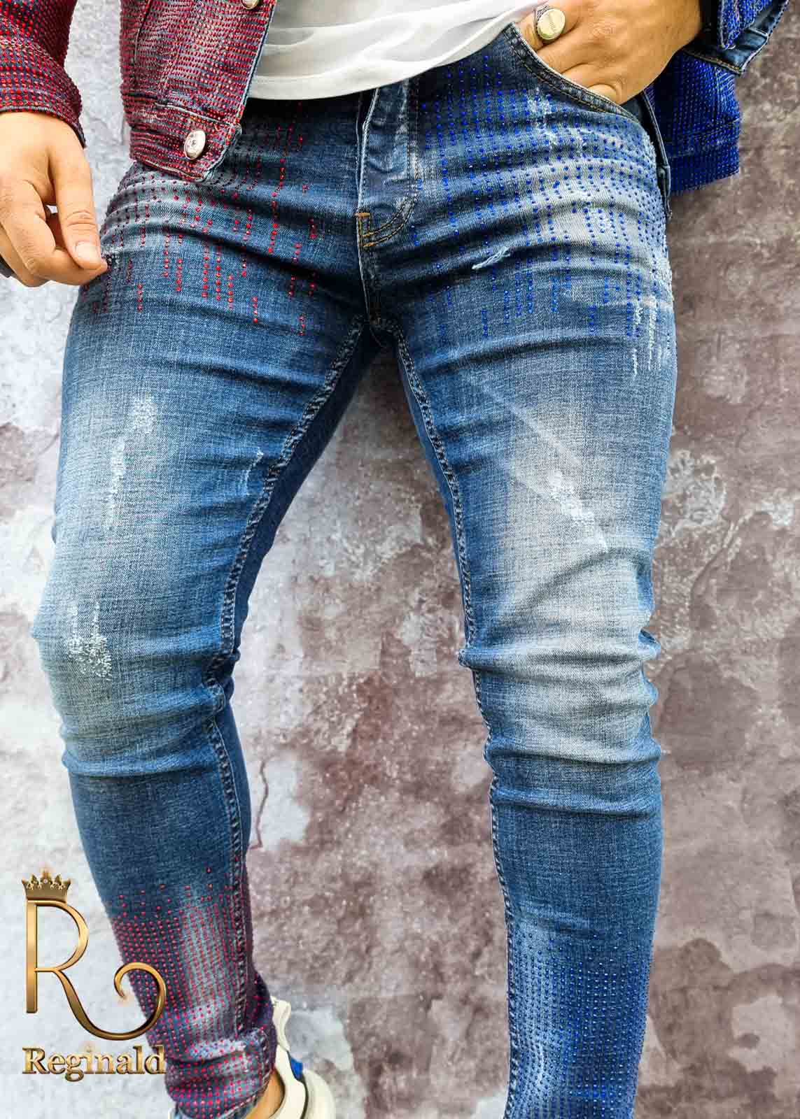 Blugi de bărbați, Slim Fit, Rosu /Albastru cu strasuri - BG869