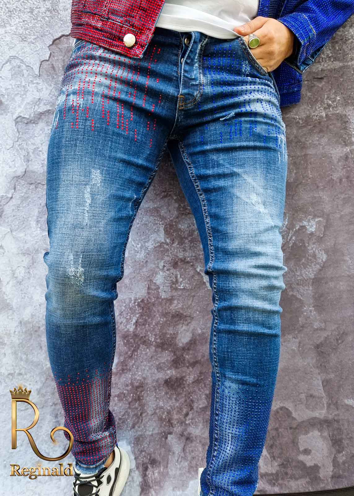 Blugi de bărbați, Slim Fit, Rosu /Albastru cu strasuri - BG869 - imagine 2