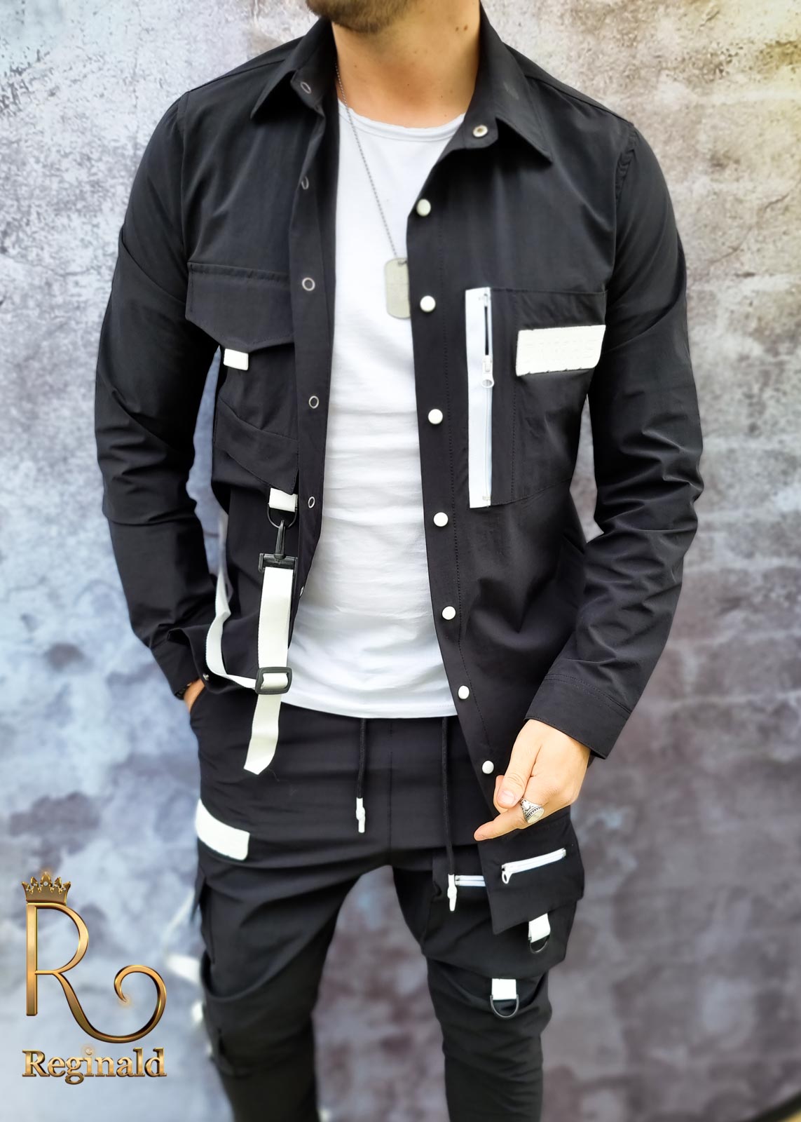 Camasa neagra+pantaloni de barbati, cu bretele, croiala slim - Reginald 2021 - GB107