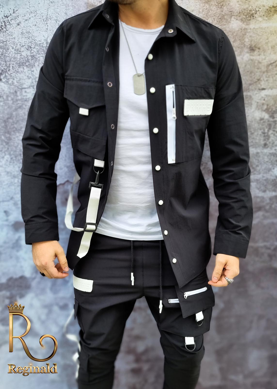 Camasa neagra+pantaloni de barbati, cu bretele, croiala slim - Reginald 2021 - GB107 - imagine 3
