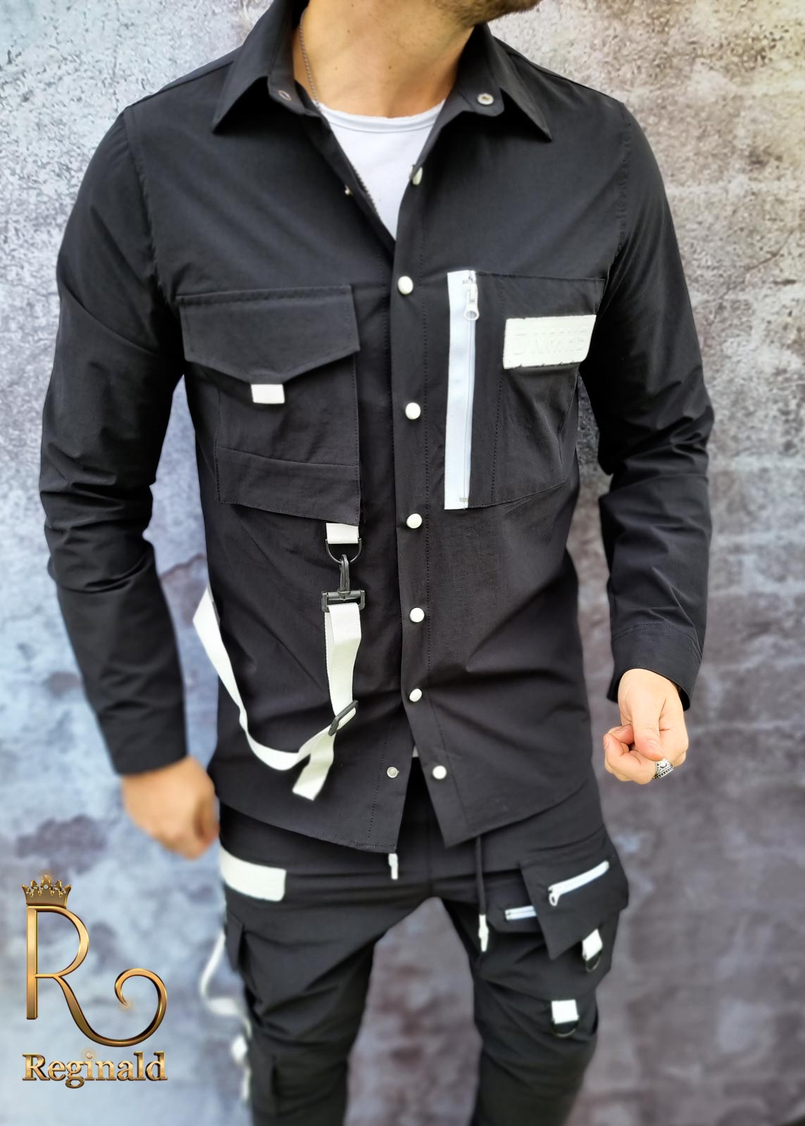 Camasa neagra+pantaloni de barbati, cu bretele, croiala slim - Reginald 2021 - GB107 - imagine 5