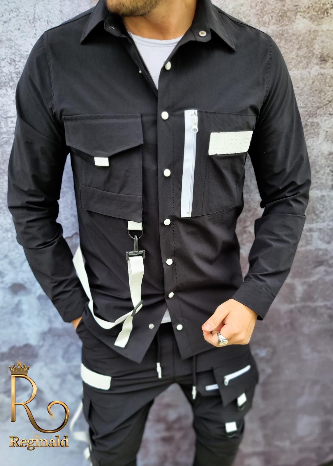 Camasa neagra+pantaloni de barbati, cu bretele, croiala slim - Reginald 2021 - GB107 - imagine 2