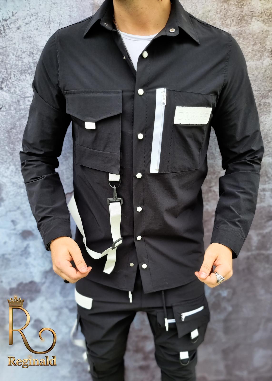 Camasa neagra+pantaloni de barbati, cu bretele, croiala slim - Reginald 2021 - GB107 - imagine 4