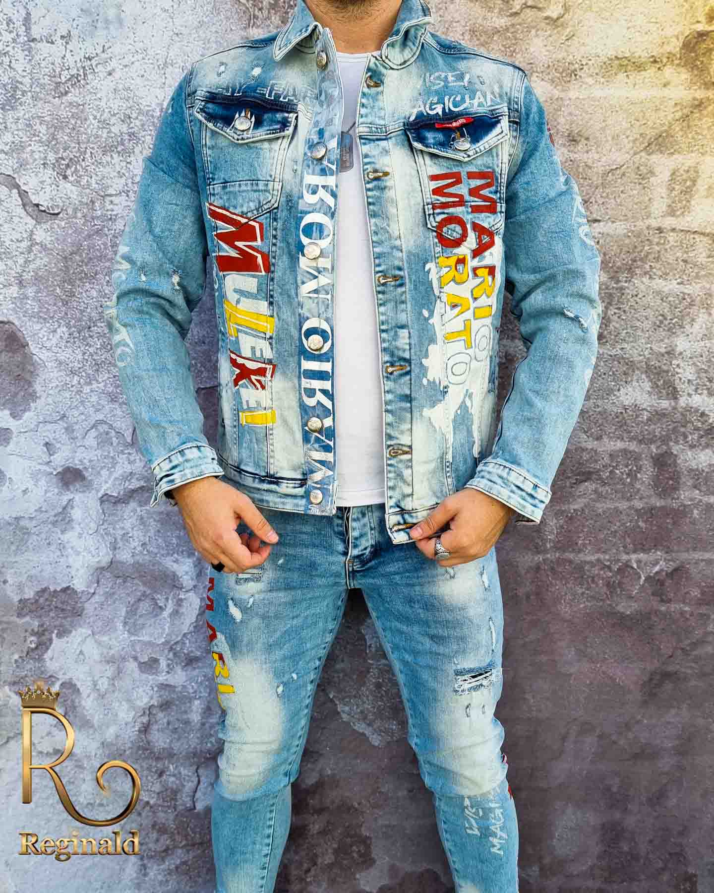 Jacheta + Blugi de barbati, cu imprimeuri, croiala slim - Mario Morato - GB105 - imagine 6