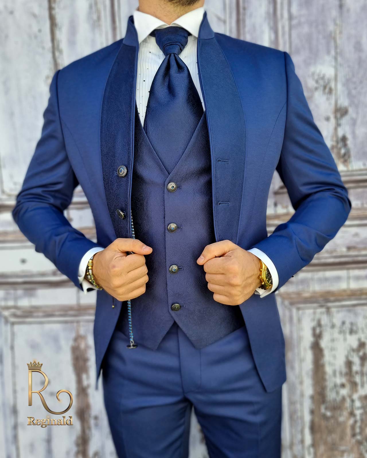 Costum de ceremonie albastru, Colectia 2021 ginere/mire, Sacou-Vesta-Pantalon-Cravata - C1761 - imagine 2