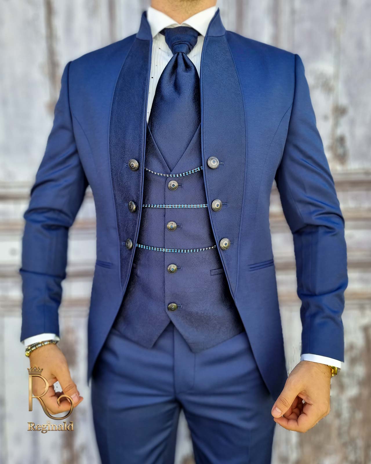 Costum de ceremonie albastru, Colectia 2021 ginere/mire, Sacou-Vesta-Pantalon-Cravata - C1761 - imagine 4