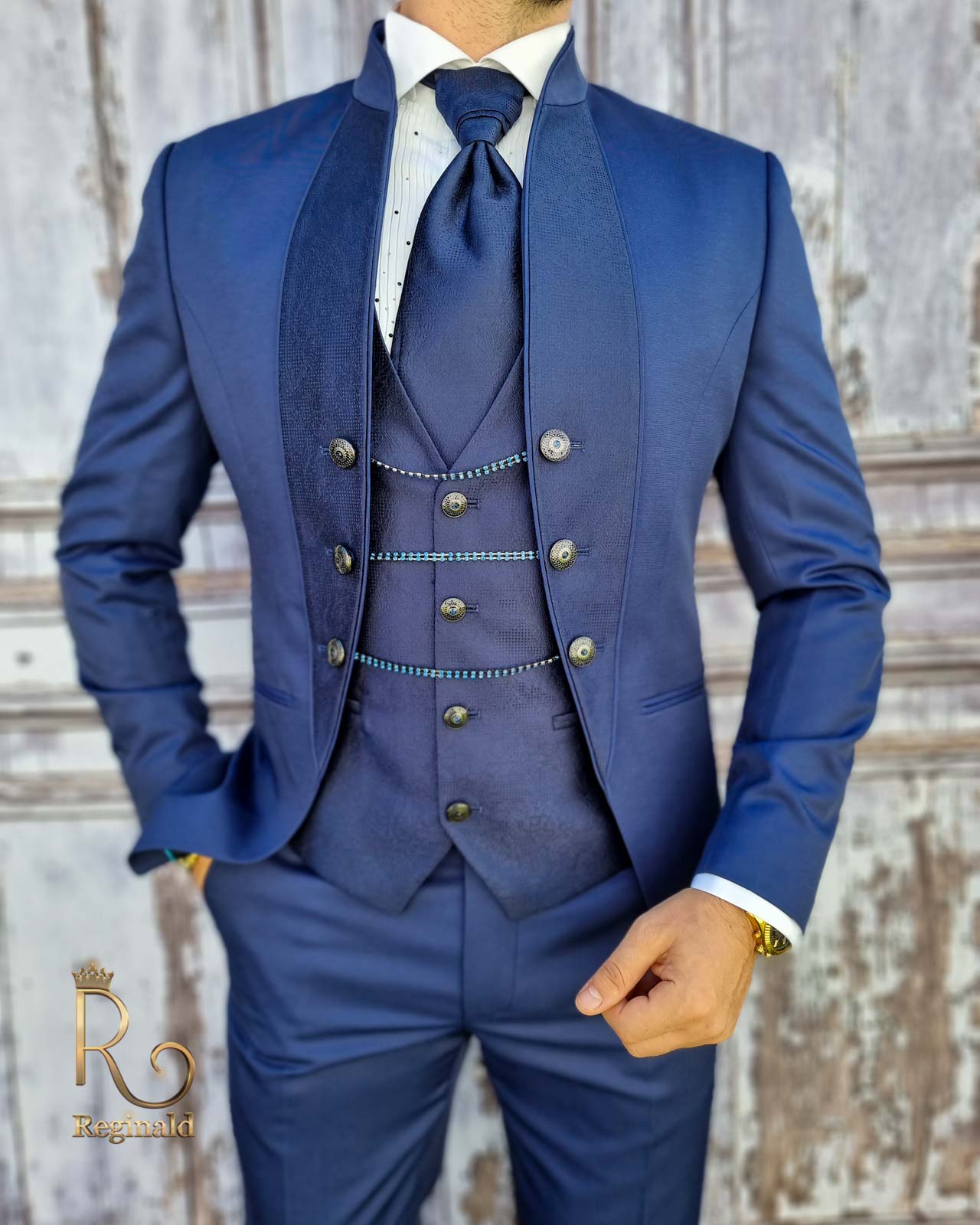 Costum de ceremonie albastru, Colectia 2021 ginere/mire, Sacou-Vesta-Pantalon-Cravata - C1761