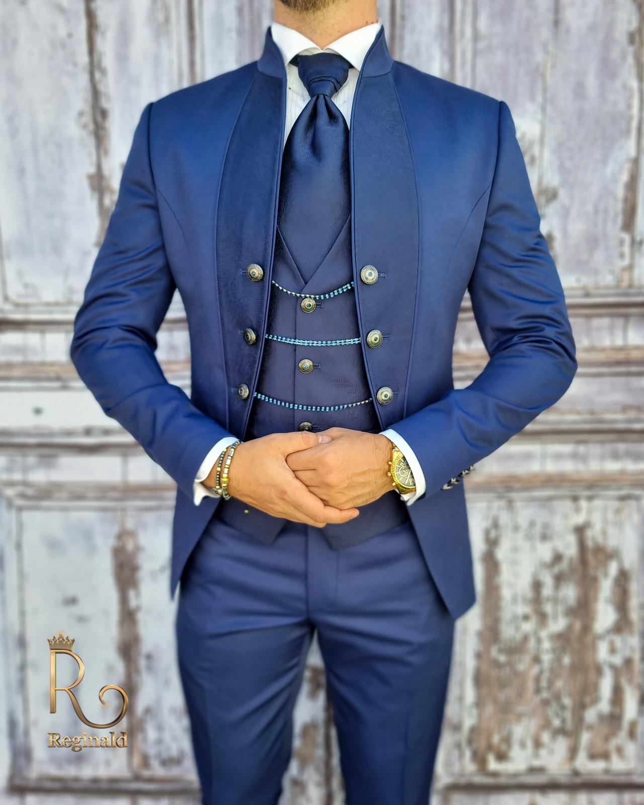 Costum de ceremonie albastru, Colectia 2021 ginere/mire, Sacou-Vesta-Pantalon-Cravata - C1761 - imagine 5